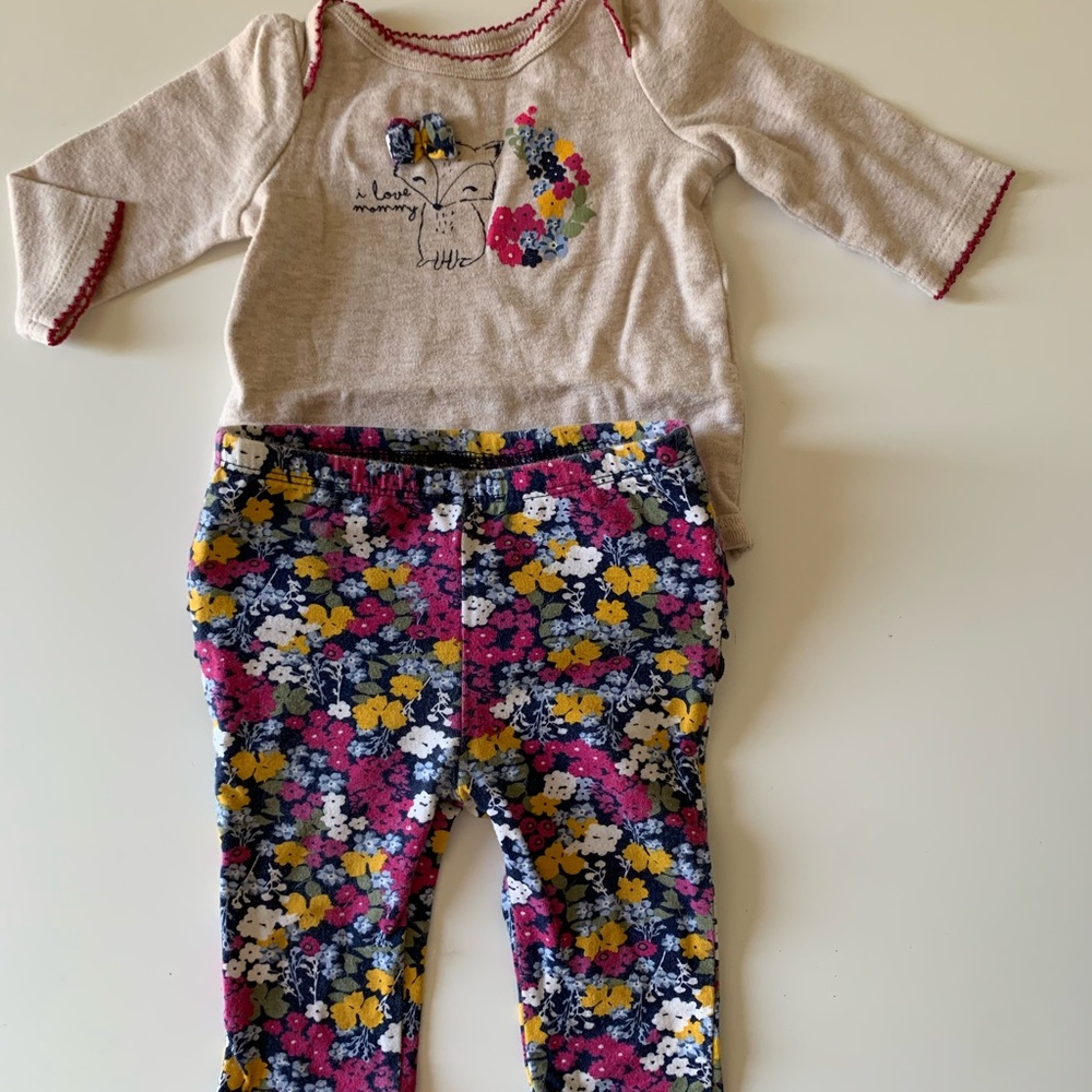 Small Wonders 0-3 Months Girls bodysuit and pants outfit Flowers, Fox